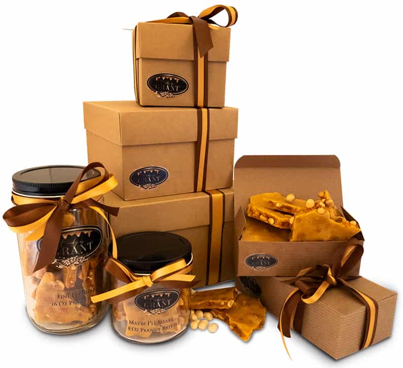 Candy by Grant - Our complete Gourmet Peanut Brittle Line which includes 4oz, 8oz, and 1lb Regular Boxes, 8oz and 16oz Glass Jars, and 1lb, 2lb, and 5lb Decorative Boxes which are great for gifts! For Sale Online and For Sale Locally in Waukesha, WI. We may be biased, but we think it this peanut brittle is the best!