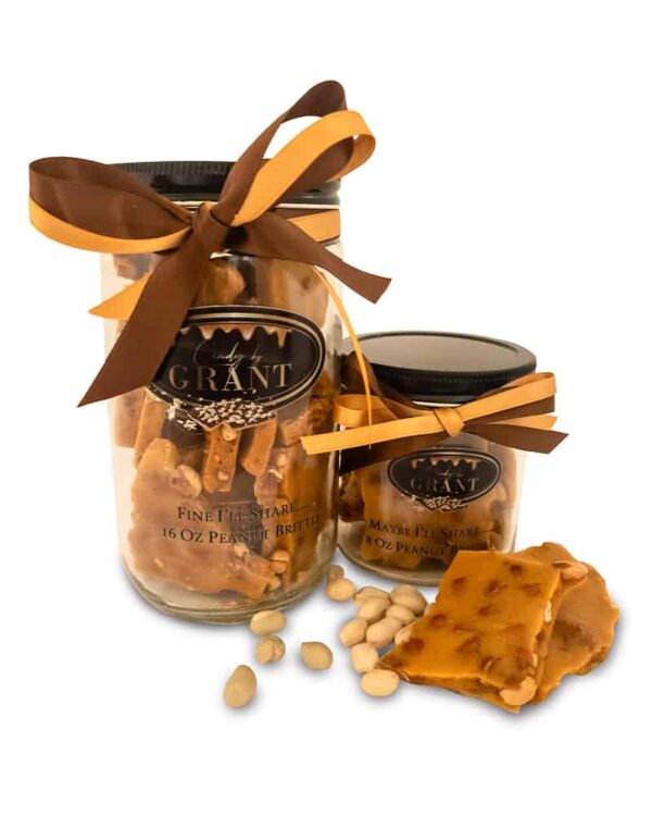 Candy by Grant - Our 8oz and 16oz Gourmet Peanut Brittle in Glass Jars. Item numbers 651357794984 and 651357789485. For Sale Online and For Sale Locally in Waukesha, WI. We may be biased, but we think it is the best!