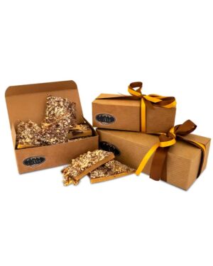 This is a image of our 4oz, 8oz, and 16oz regular boxes filled with our Amazing Gourmet Dark Chocolate Pecan Toffee. Item Numbers 651357662443, 651357529487, and 6513575322890. For Sale Online and Available Locally in Waukesha, WI. We may be biased, but we think this is the best pecan toffee you will ever have!